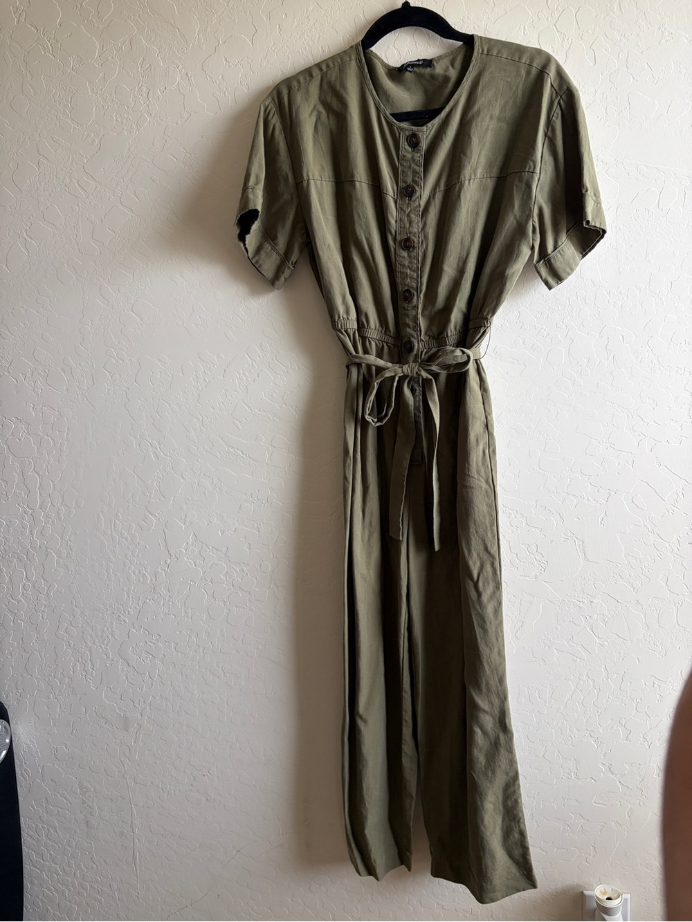 Madewell Olive Utility Button-Front Jumpsuit with Tie Waist